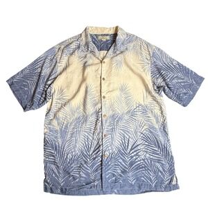 Tommy Bahama Mens Large Silk Palm Leaf Print Short Sleeve Button Down Shirt Blue